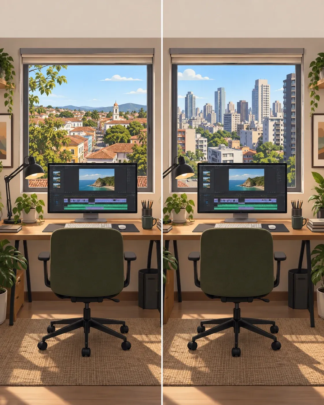 Illustration of two identical video-editing desks by windows: one overlooking a low-rise town and the other a large city.