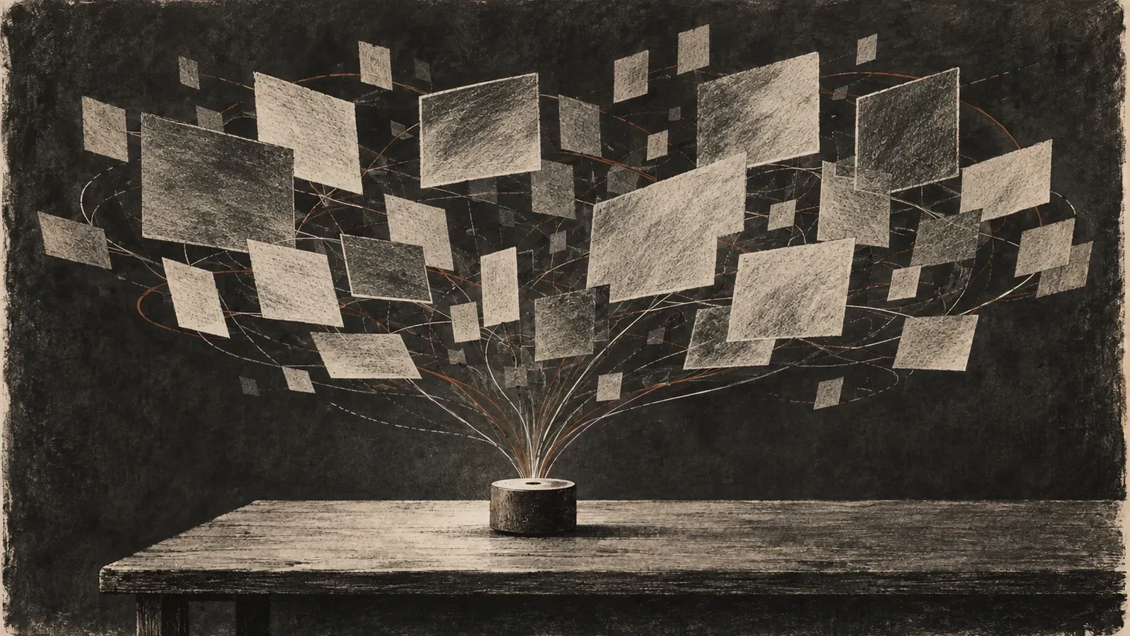 A small emitter on a table sends out lines that multiply between paper planes, in a charcoal and printmaking illustration.